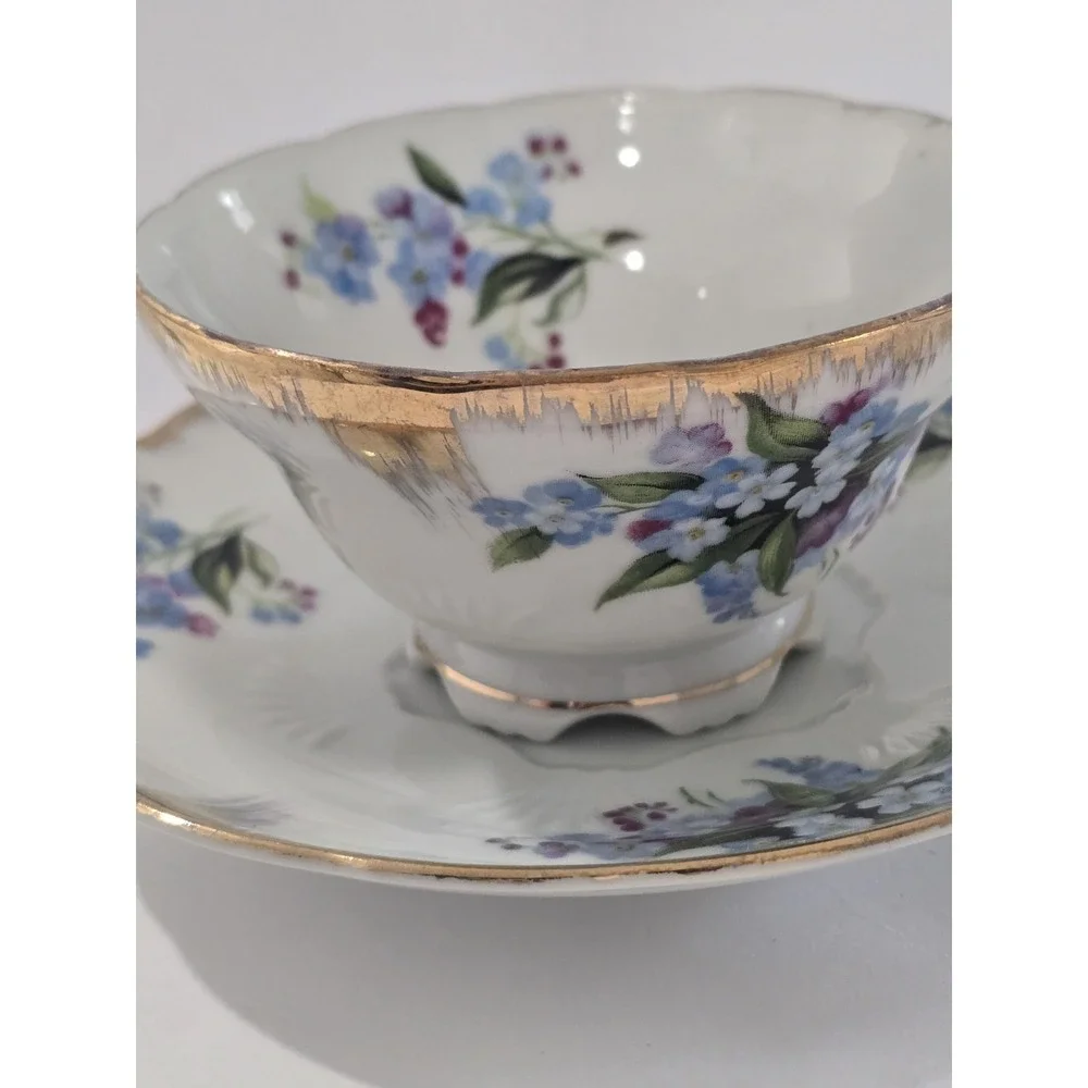 Vintage Japan Nippon Yoko Boeki Co. Porcelain Floral Teacup and Saucer Set Blue